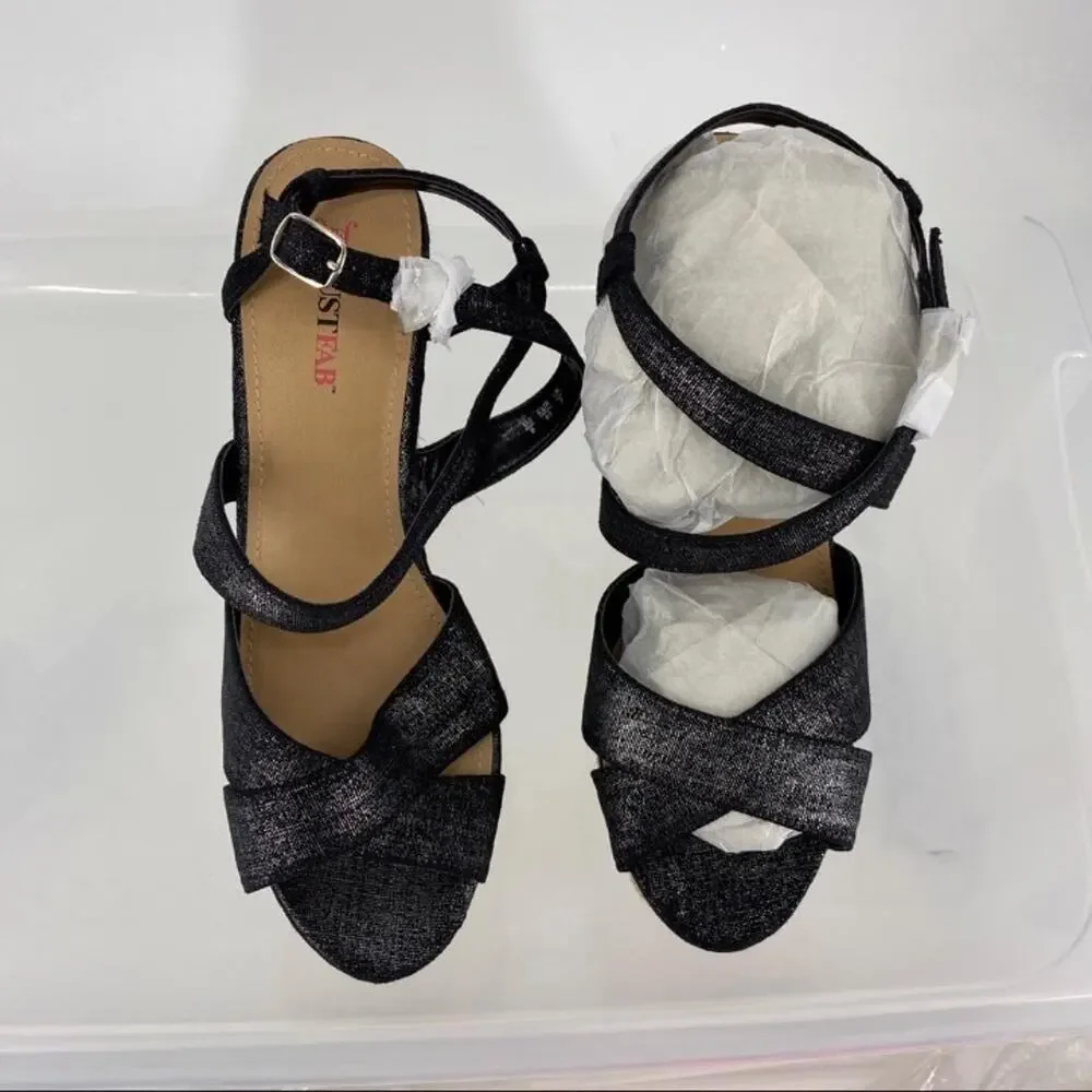 JustFab metallic black canvas cross strap platform wedges braided buckle. Sz 9